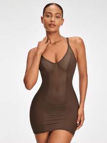 SHAPORA Women's Splicing See-Through Mesh Cami Bodycon Dress - Brown - View 6