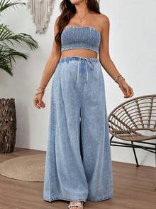 SHEIN Maternity Casual Fashion Vacation Style Ruched Cropped Denim Tube Top And Drawstring Waist Wide Leg Denim Pants 2pcs Set Summer Festival Graduation - Blue - View 3