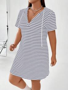 Vionelle Ribbed Ribbed Fashion Plus Size Women's Hooded Dress - Light Grey - View 4