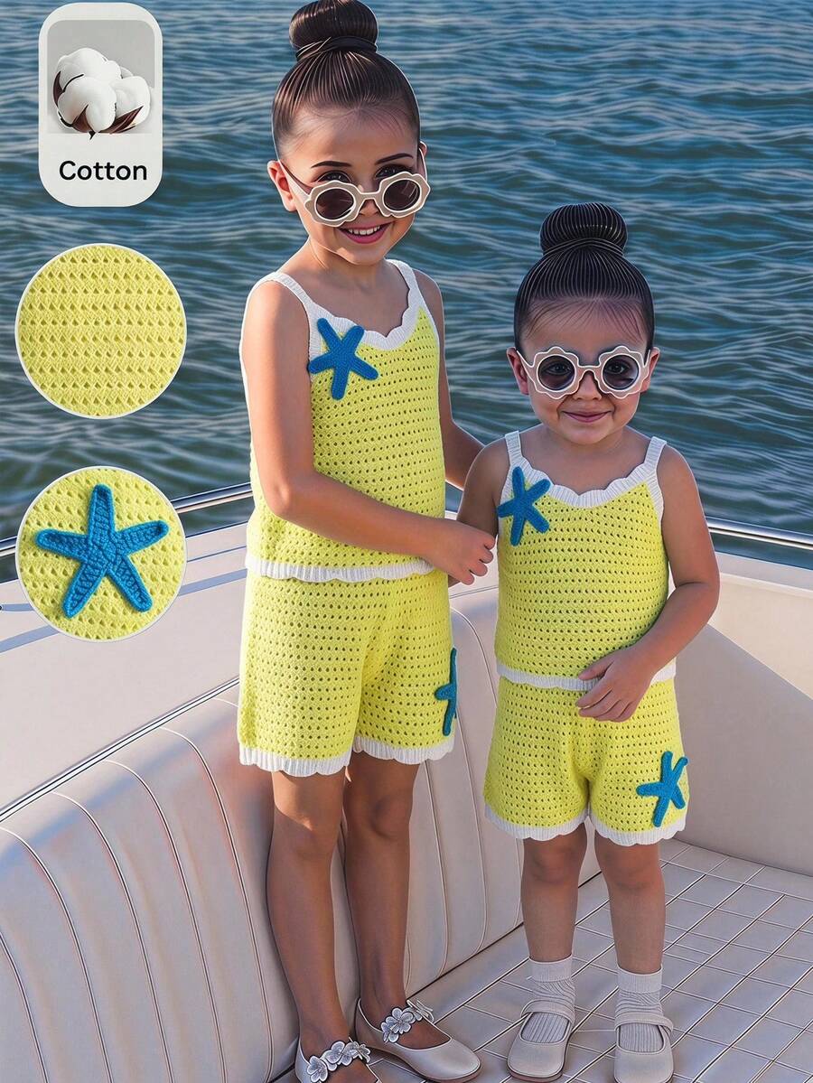 SHEIN 女童針織海星圖案細肩帶背心毛衣與短褲兩件套 - 彩色 - 查看 1