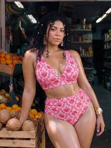 Swim Mod 2026 New Summer Plus Size Women 2pcs Random Print High Waist Triangle Bikini Bottom Ruched Casual Swimsuit Set - Pink - View 3