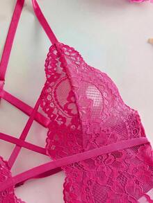 SHEIN 花卉蕾丝交叉低胸露背连体衣内衣 - 紫色 - 查看 9