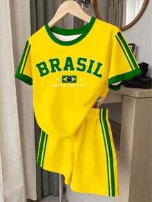 鮮豔陽光黃、金色星芒、黃金海岸、復古時尚綠色字母 BRAZIL，年輕女孩休閒簡約短袖短褲兩件套，適合夏季、世界盃、運動、校園 - 彩色 - 查看 4