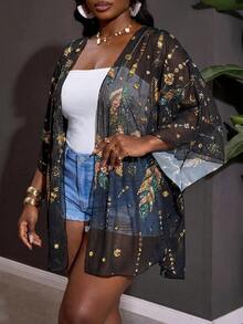 SHEIN CURVE+ Talla Grande Cubierta Transparente con Estampado de Plumas para Vacaciones en la Playa - Multicolor - Ver 8