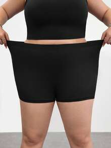 SHEIN CURVE+ Plus Size Women's Solid Color Casual Versatile Daily Wear Skinny Shorts, Spring/Summer - Black - View 8