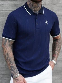 Manfinity CasualCool قميص بولو رجالي كاجوال بأكمام قصيرة مع تطريز وحافة متباينة، نصف فتحة، أزرق داكن، رسمي - أزرق بحري - مشاهدة 3