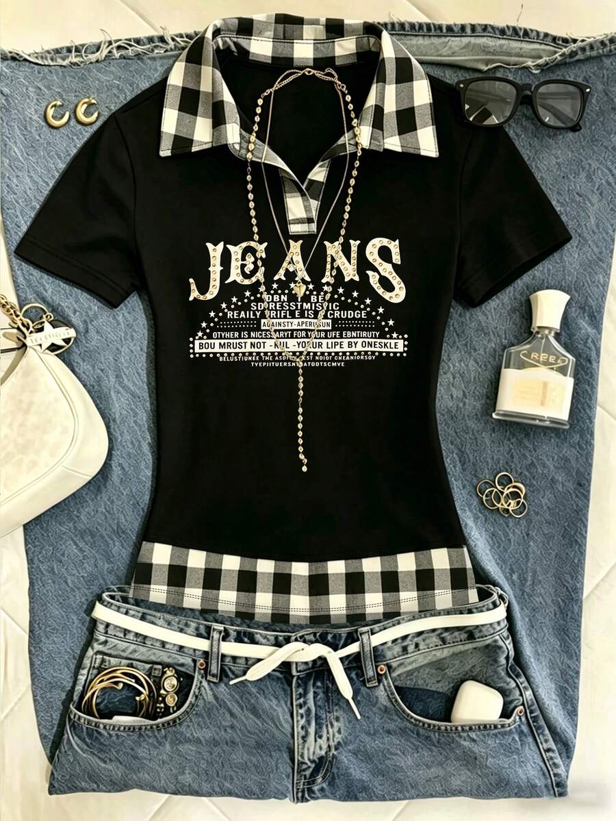 INAWLY 女款上衣 / 格紋領字母印花 Polo 衫 / 休閒修身女款 T-shirt / 百搭時尚單品 / 夏季日常必備 / 女款印花 Polo 上衣 2026 春夏 - 彩色 - 查看 1