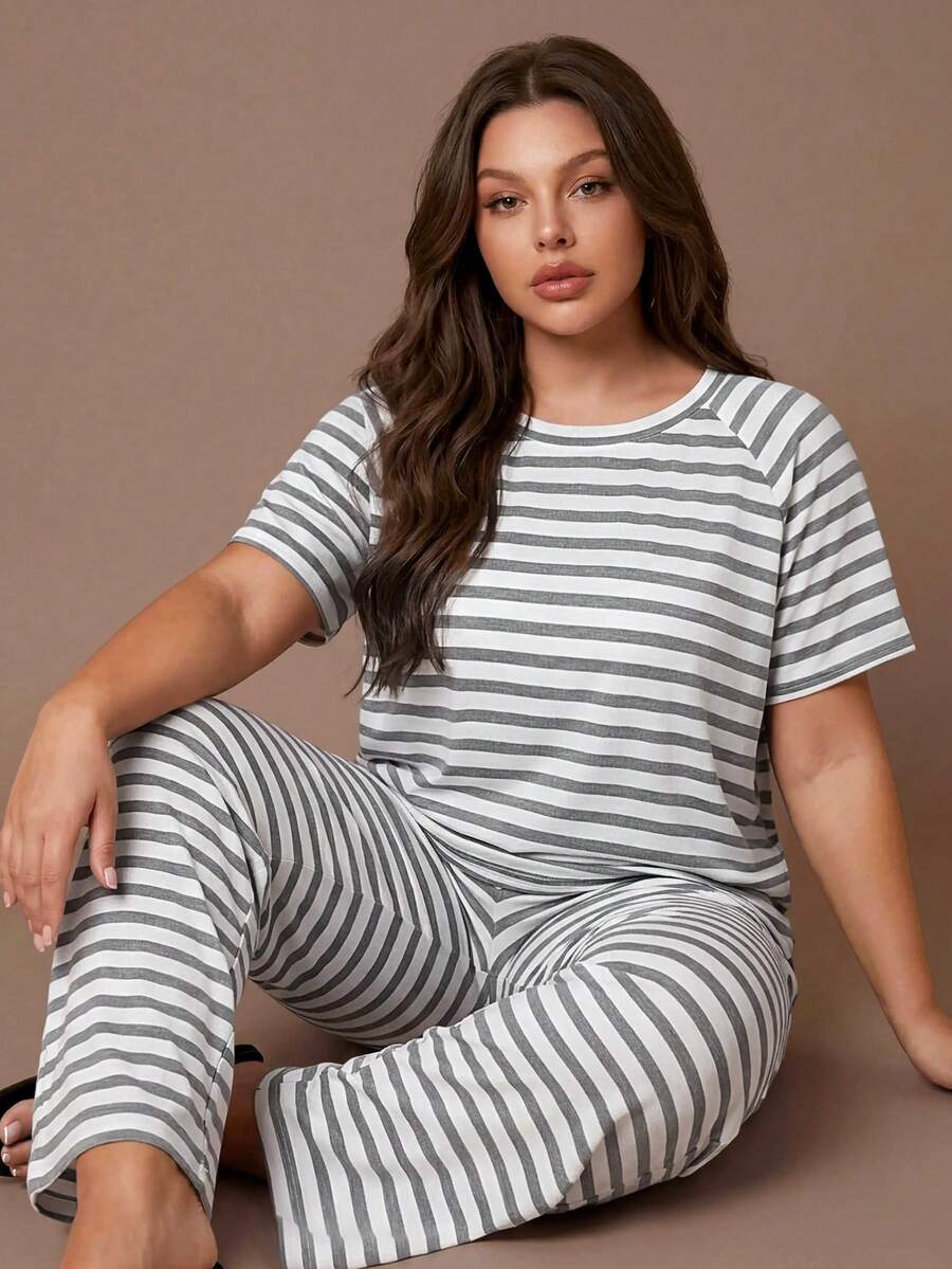 Lazeform Plus Size Striped Print Raglan Sleeve Casual Loungewear Pajama Set, Outfits - Light Grey - View 1