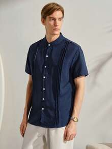 VeloEdit Blue Men's Solid Color Front Button Collar Casual Short Sleeve Shirt Men Linen Summer Old Money, Daily Leisure, Weekend Trips, Outdoor Activities - Royal Blue - View 6