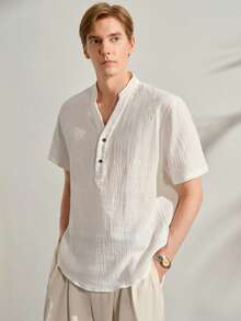 VeloEdit Men's White Solid Short Sleeve Woven Loose Fit Shirt, Pocket, Button, Button Front, Summer, Button Down Shirt, Lightweight, Breathable, Cool, Casual Matching CoupleFall Winter - White - View 5