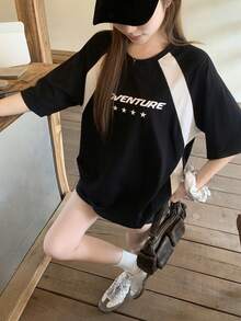 DAZY 女款字母印花圓領插肩袖休閒T恤，春夏圖案印花上衣，適合校園穿搭 - 黑色 - 查看 7