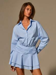 Athîral Women's Casual Light Blue Long Sleeve Button Placket Ruffle Hem Mini Dress, Going Out Dress,Office Outfits,Autumn ,Blue Dress ,Work Outfits For Women - Blue - View 6