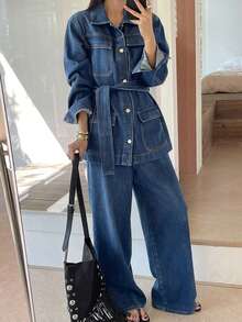 DAZY Setelan Jaket Denim dan Celana Jeans Kasual Wanita dengan Kancing Depan dan Saku Lipat, Gaya Musim Gugur Biru Tua untuk Bepergian - Biru - View 6