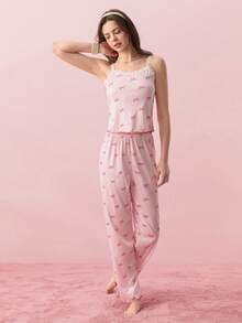 Bonmuse 2pcs Women's Pajama Set, Striped & Bow Contrast Lace Trim Camisole And Split Hem Pants, Lace Sleepwear, Cute Pajamas, Bow Pajamas, Women Summer Outfit - Multicolor - View 3