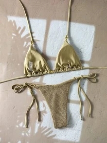 Swim Basics-D 2件組 春夏度假亮片紋理面料珍珠裝飾掛脖三角比基尼上衣與側綁比基尼泳褲 性感女款泳衣套裝 - 彩色 - 查看 2