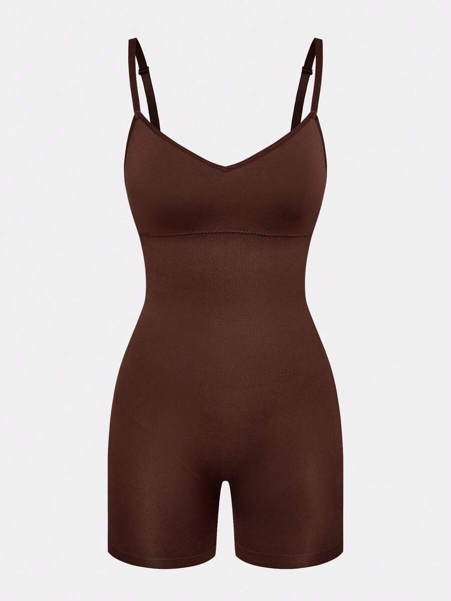 SHAPORA Women's Solid Color Spaghetti Strap Backless Romper Shorts - Coffee Brown - View 1