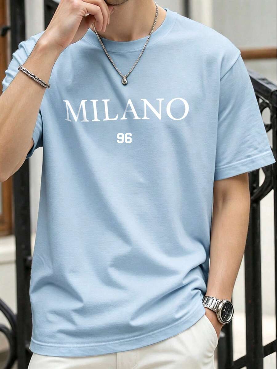Manfinity Homme Men's Round Neck Solid Color Letter And Number Print Fashion Casual T-Shirt - Mint Green - View 1