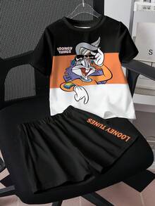 LOONEY TUNES X SHEIN 2件套男童休闲字母卡通印花短袖T恤和短裤套装 - 白色 - 查看 3