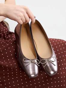 CUCCOO BIZCHIC Spring And Autumn Bow Decoration Square Toe Flat Bottom Sweet Style Ballet Shoes Commuter Dating Fall Shoes - gun color - View 4