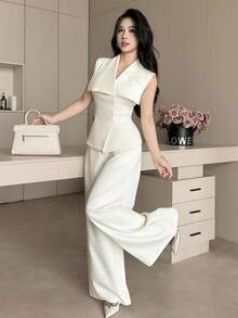 Feyla New Arrival Summer Collared Embroidered Cinched Waist Elegant Casual Business Commuting Versatile 2 Pieces Set Office Brunch Beige Pastel - Apricot - View 4