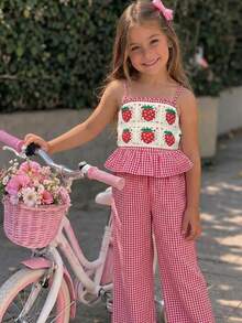 SHEIN Young Girl Camisole Ruffle Strawberry Pattern Top Plaid Long Pants Tank Top Set - Red - View 1
