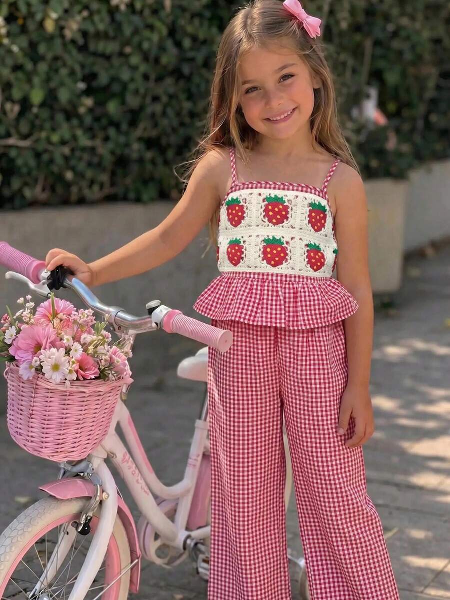 SHEIN Young Girl Camisole Ruffle Strawberry Pattern Top Plaid Long Pants Tank Top Set - Red - View 1