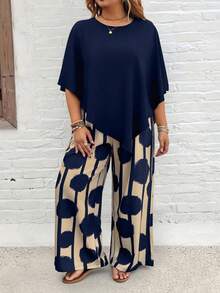 EMERY ROSE Plus Size Vacation Casual Solid Color Shirt And Striped Circle Print Pants Set - Multicolor - View 5