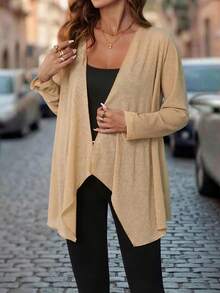 Gownix Long Sleeve Cardigan Autumn Sun Protection Shirt Essential Early Autumn Thin Outerwear Mid-Length Asymmetrical Shawl Office Tan Casual - Khaki - View 8