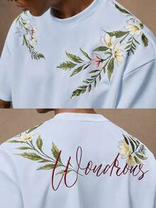 AKNOTIC Business Casual 男士花卉刺繡時尚休閒寬鬆短袖彈性刺繡T恤，適合夏季、度假、日常穿著、派對、情侶、男士禮物 - 淺藍色 - 查看 2