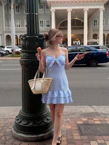 Flora Isola Flora Isola Women's Small Size Blue & White Striped Sleeveless Dress With Ruffle Hem, Bow Tie Design, Double Layer Flounce Hem, Bohemian Vacation Style, Suitable For Spring/Summer Daily Wear - Blue and White - View 5