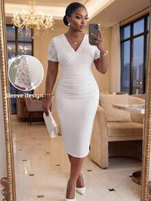 SHEIN Lady CURVE 大码女式撞色蕾丝短袖V领修身优雅连衣裙 - 白色 - 查看 3