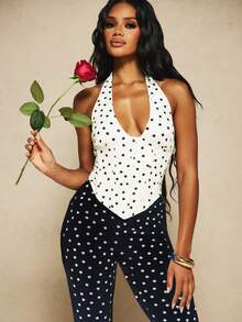 MISSGUIDED X Carli Bybel Polka Dot Halter Neck Corset Crop Top With Button Front Detail And Structured Boning Summer Style - Black and White - View 4
