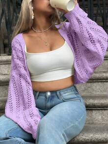 INAWLY Plus Size Women's Solid Color Casual Versatile Daily Wear Cardigan Fall - Purple - View 2