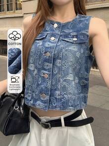 DAZY 女款時尚佩斯利印花牛仔背心，適合春夏，短版上衣，白色基本款性感校園風 - 藍色 - 查看 1