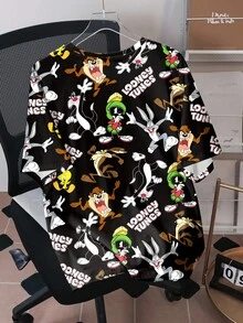 LOONEY TUNES X SHEIN Men's Casual Cartoon Letter Graphic Short Sleeve T-Shirt, Comfortable Summer Tee - White - View 2