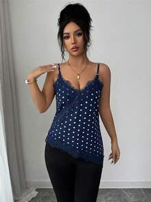 Rafferiza Women's Elegant Polka Dot Brown Lace Patchwork Tank Top - Royal Blue - View 4