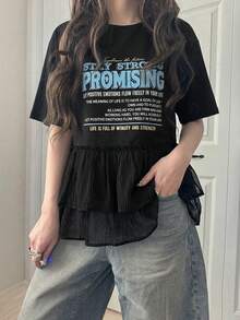 FRIFUL 女款圓領拼色字母印花裝飾袖混紡材質寬鬆休閒街頭風夏季圖案T恤可愛上衣 - 黑色 - 查看 2