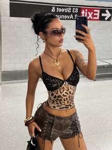 StreetHx Women's Street Avant-Garde Punk Leopard Print Mesh Lace Decor Fitted Tank Top - Multicolor - View 3