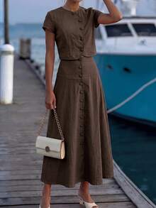 Editum Women's Summer Casual Elegant Solid Color Shirt And Skirt Two Pieces Set Office Vacation Wear, Boat Trip Holiday Outfits, Festival Party Coffee Brown - Coffee Brown - View 5
