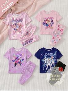 SHEIN 2件組粉色可愛女童幼童居家服 甜美酷感粉色K-POP女孩星形與愛心印花 柔軟舒適貼身高彈力套頭短袖上衣與長褲套裝 夏秋貼身款 - 粉色 - 查看 6