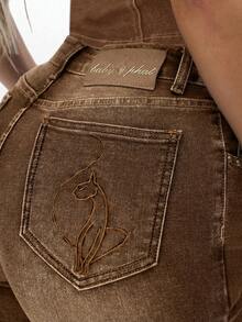 BABYPHAT Quần jean lửng nữ co giãn bằng vải denim, cạp cao, dài đến đầu gối, kiểu dáng thường ngày, thích hợp cho mùa hè. - màu nâu - Xem 6