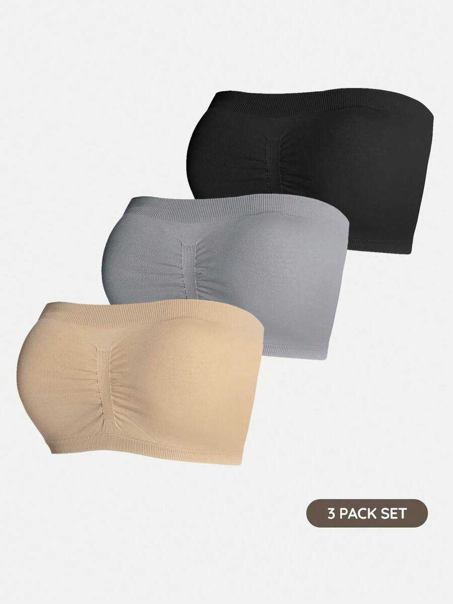 SHAPORA 3pcs Women Solid Color Bandeau Bras Without Padding For Everyday Wear Casual - Multicolor - View 1