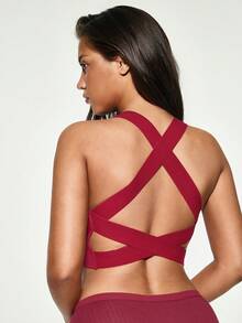 SHAPORA Sujetador inalámbrico de yoga de unicolor con diseño cruzado acanalado acanalado - Burdeos - Ver 2