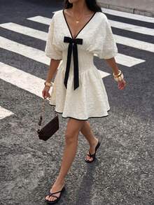 Siren Gaze Women's Short Sleeve Bow Tie Fitted Dress - Apricot - View 3