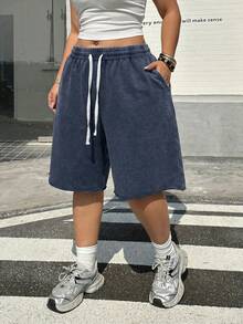 Muchica Plus Size Summer Casual Sports Shorts With Drawstring Waist And Slant Pockets - Blue - View 4