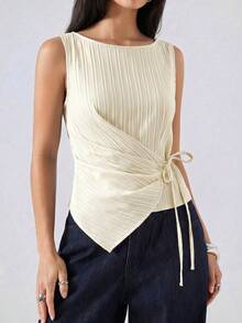 LYSMO Women's Round Neck Sleeveless Pleated Tie-Front Tank Top - Apricot - View 3