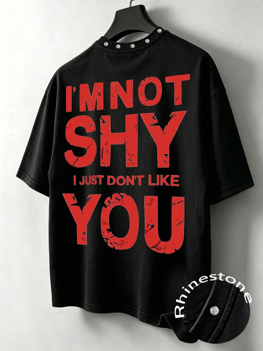 Manfinity EMRG Men's Letter Print Rhinestone Casual Versatile Daily Wear Short Sleeve T-Shirt - Black - View 1