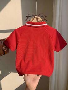 SHEIN Kids Tween Boy Spring/Summer Casual Versatile Red Pique Short Sleeve T-Shirt POLO Shirt Knit Top Suitable For Commuting, School, Daily Casual Outings, Sports, Spring/Summer Seasons, Beach Vacations - Red - View 2