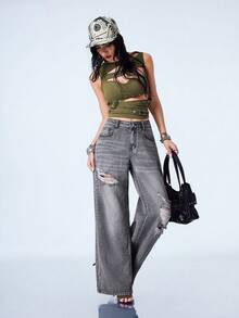 Y2Kool Gray Heavy Water-Washed Cotton Distressed Ripped Y2K Streetwear Grunge Punk Casual Street Style Loose Denim Jeans For Women Autumn Going Out Night Out - Grey - View 5