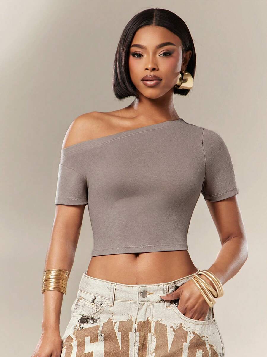 Denimoi Everyday Wear Off Shoulder Top Easy Wear One Shoulder Top Fashion Top Summer Elevated Basic - Grey - View 1